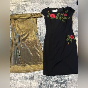 Maggy midi Black Dress with Red Floral Accents. and a gold dress. Both dresses